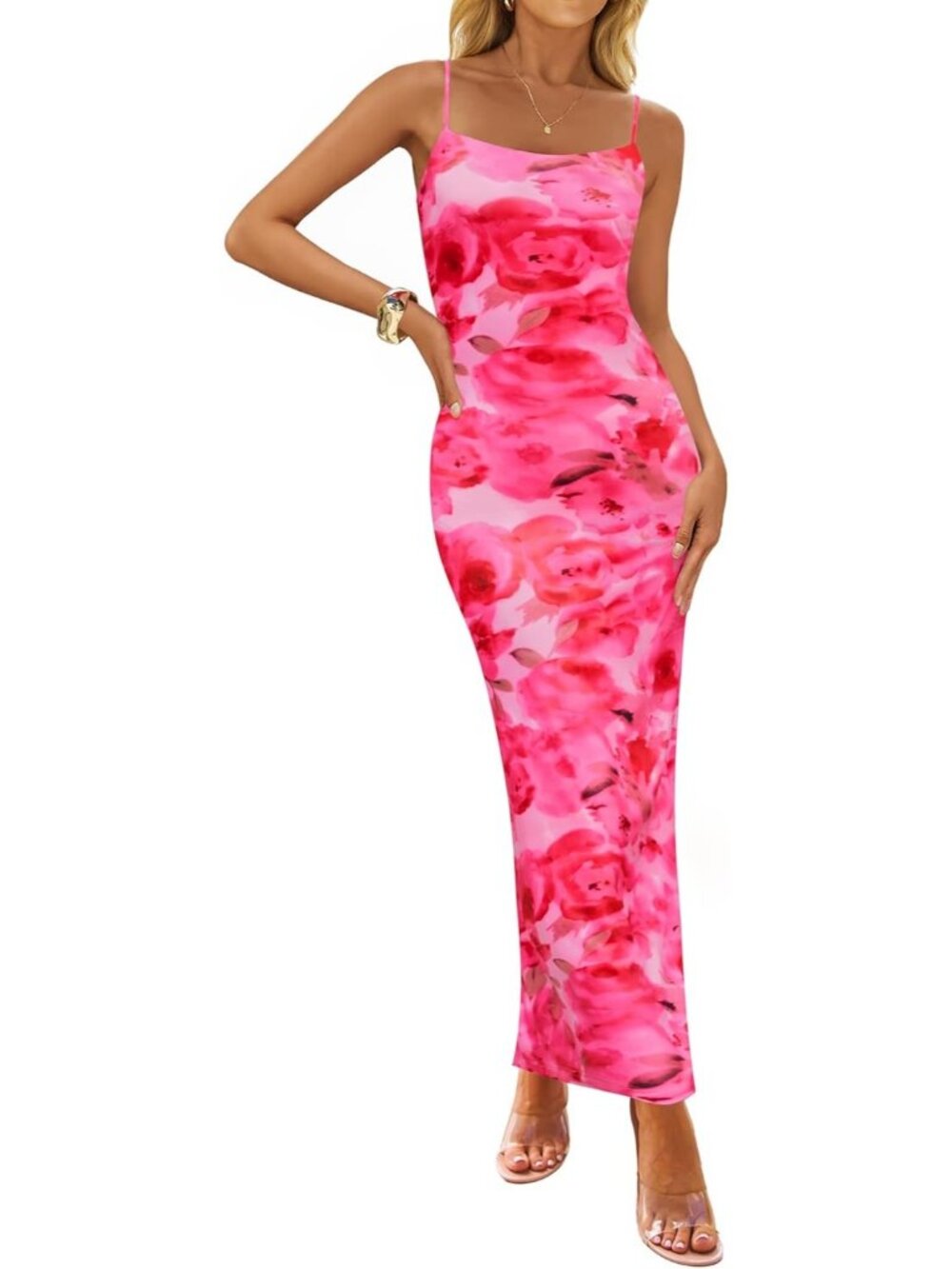 Women’s Rose Floral Bodycon Maxi Square Neck Boho Beach Summer Long Dress